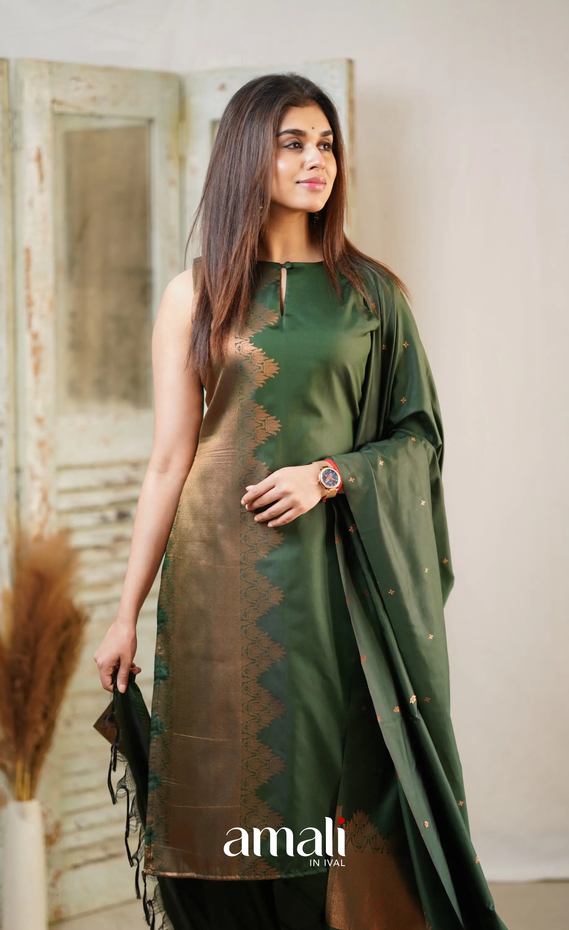 Dark Green Unstitched Semi Kanchipuram Silk Salwar