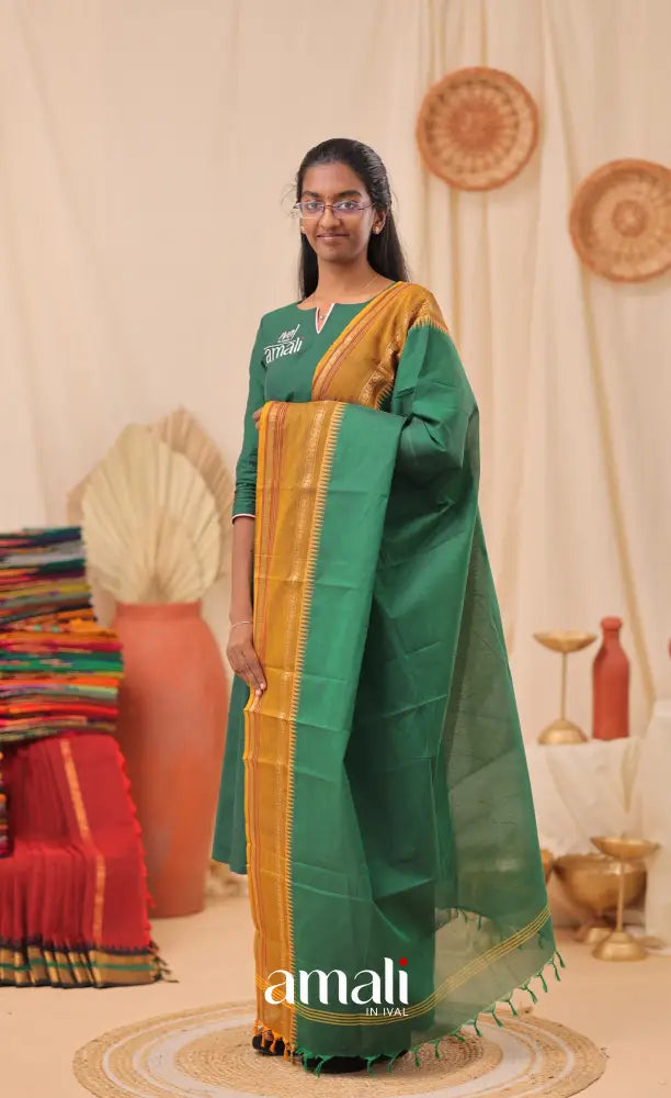 Dark Green With Deep Mustard Chettinad Cotton Dupatta salwar