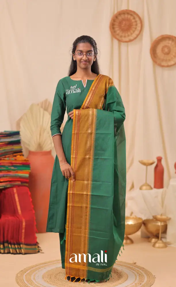 Dark Green With Deep Mustard Chettinad Cotton Dupatta salwar