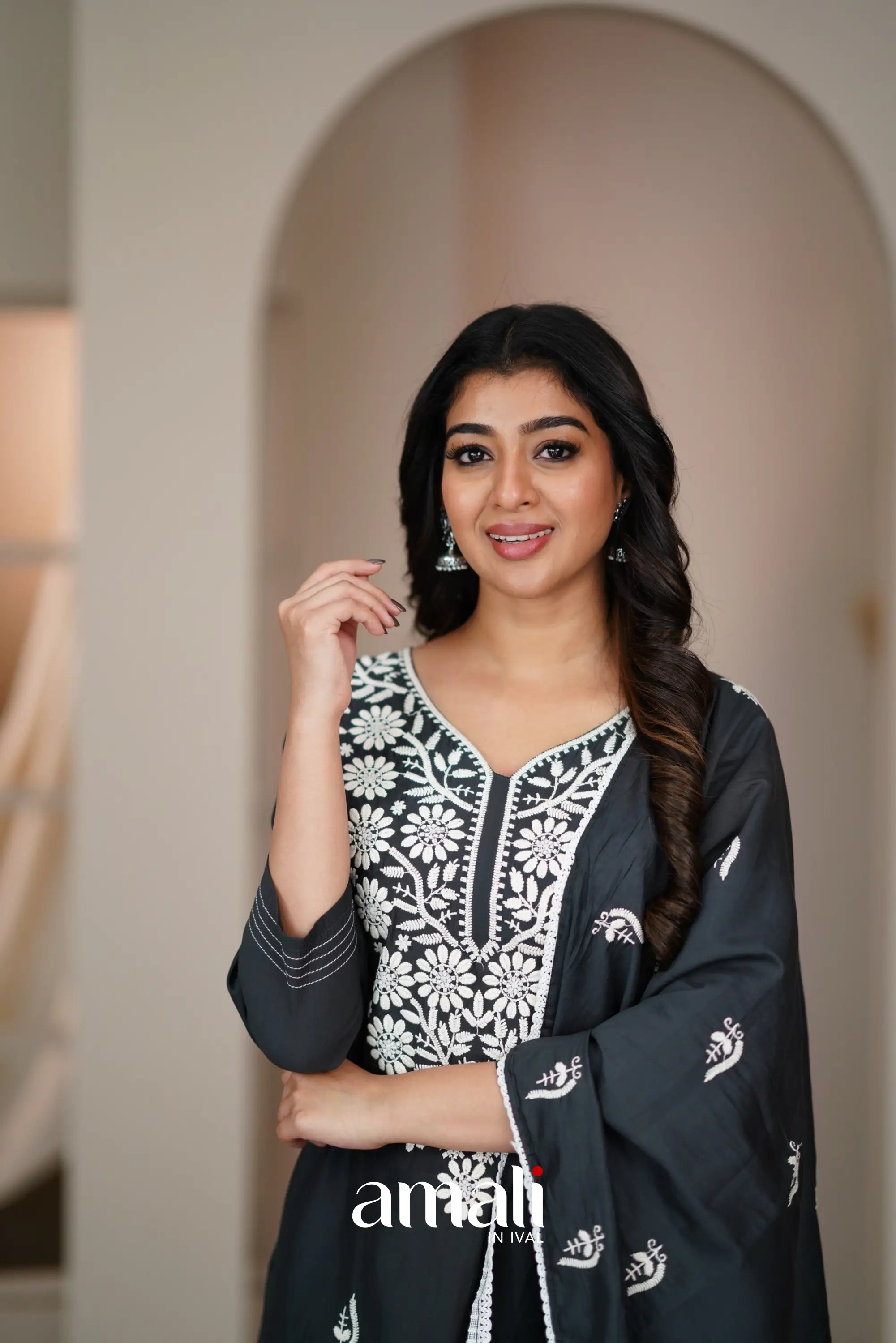 Dark Gray Black Mulmul Cotton Salwar Anarkalis