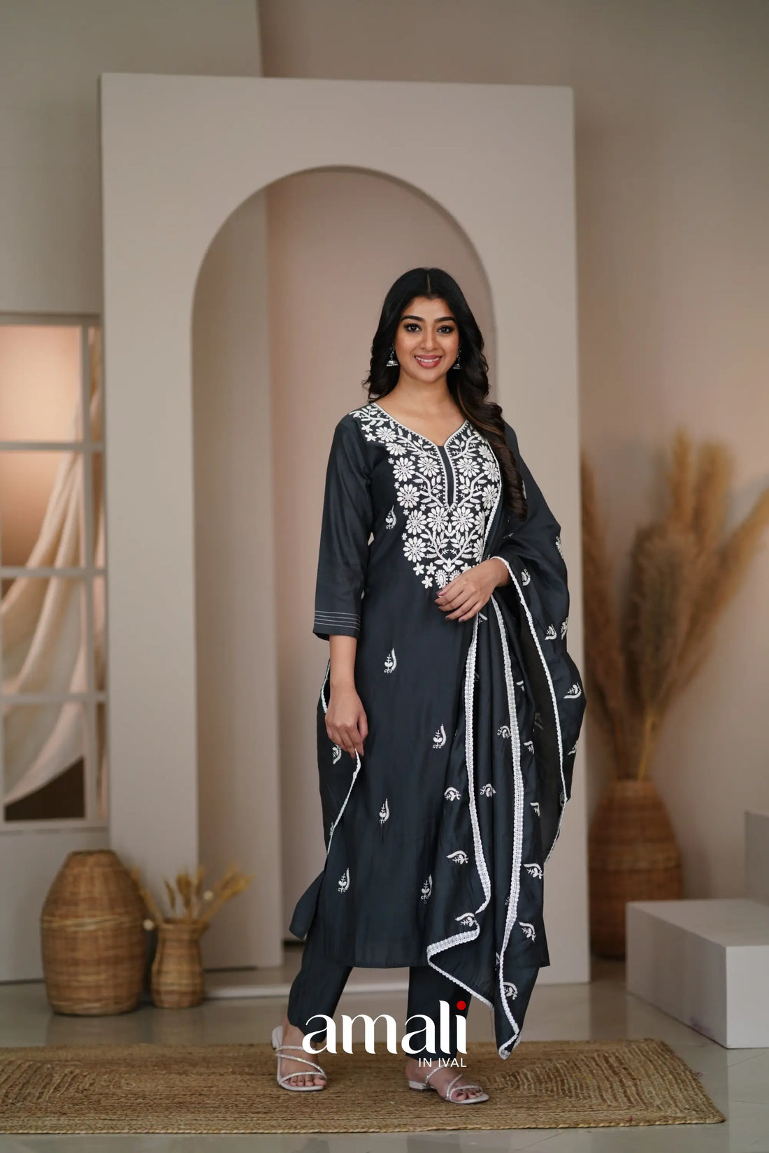 Dark Gray Black Mulmul Cotton Salwar Anarkalis