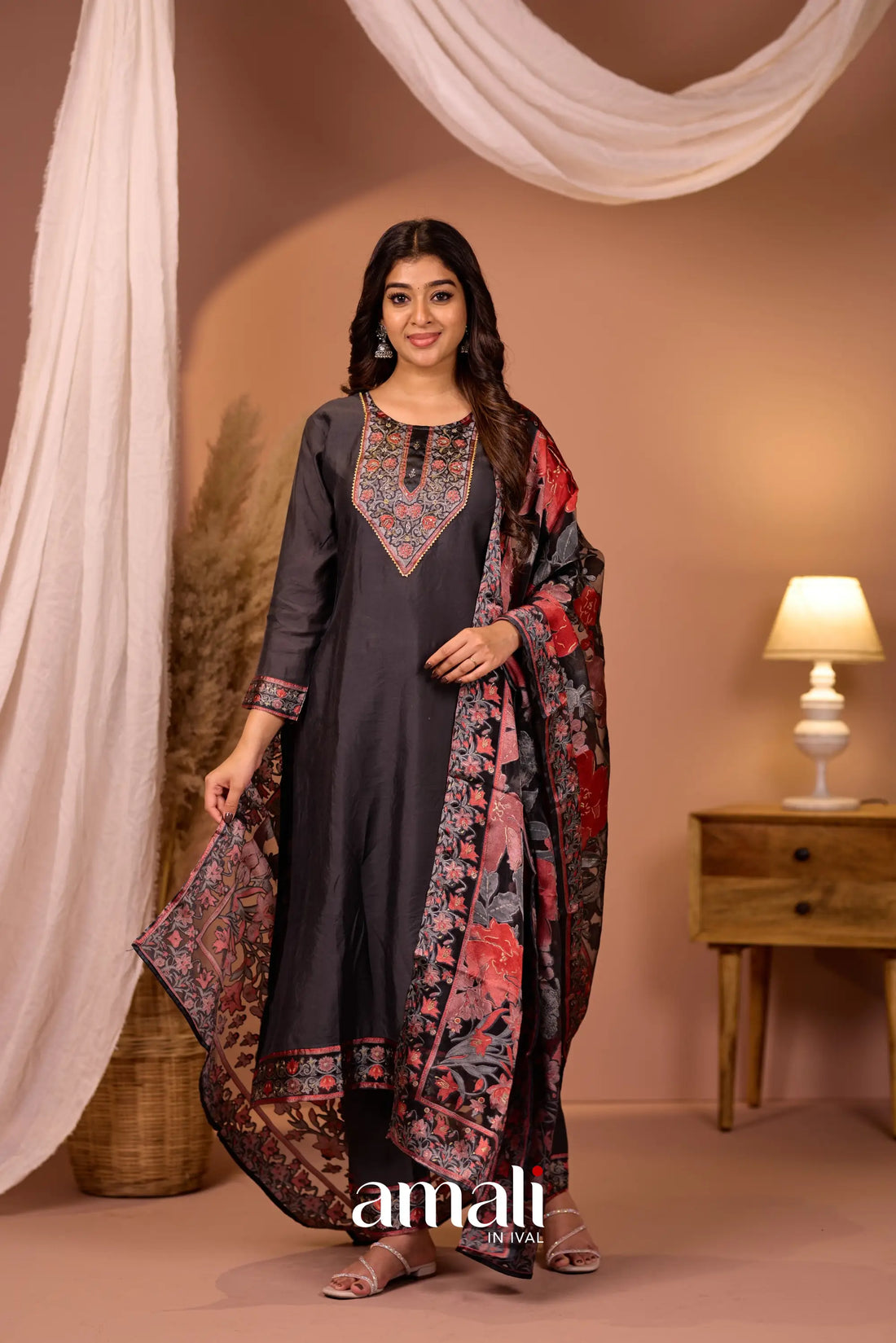 Dark Grey Mulmul Cotton Salwar Anarkalis
