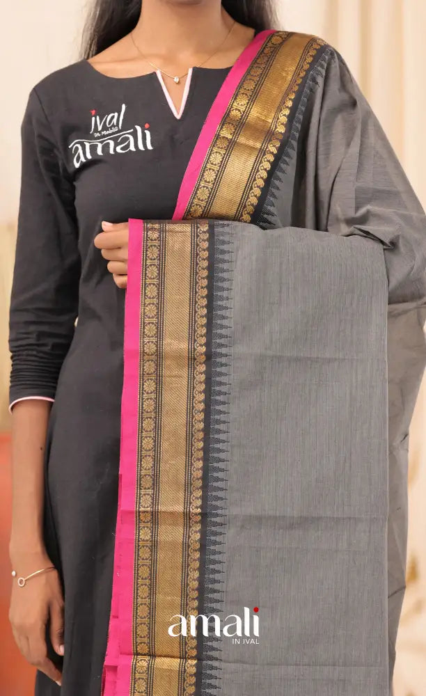 Dark Grey With Pink Chettinad Cotton Dupatta salwar