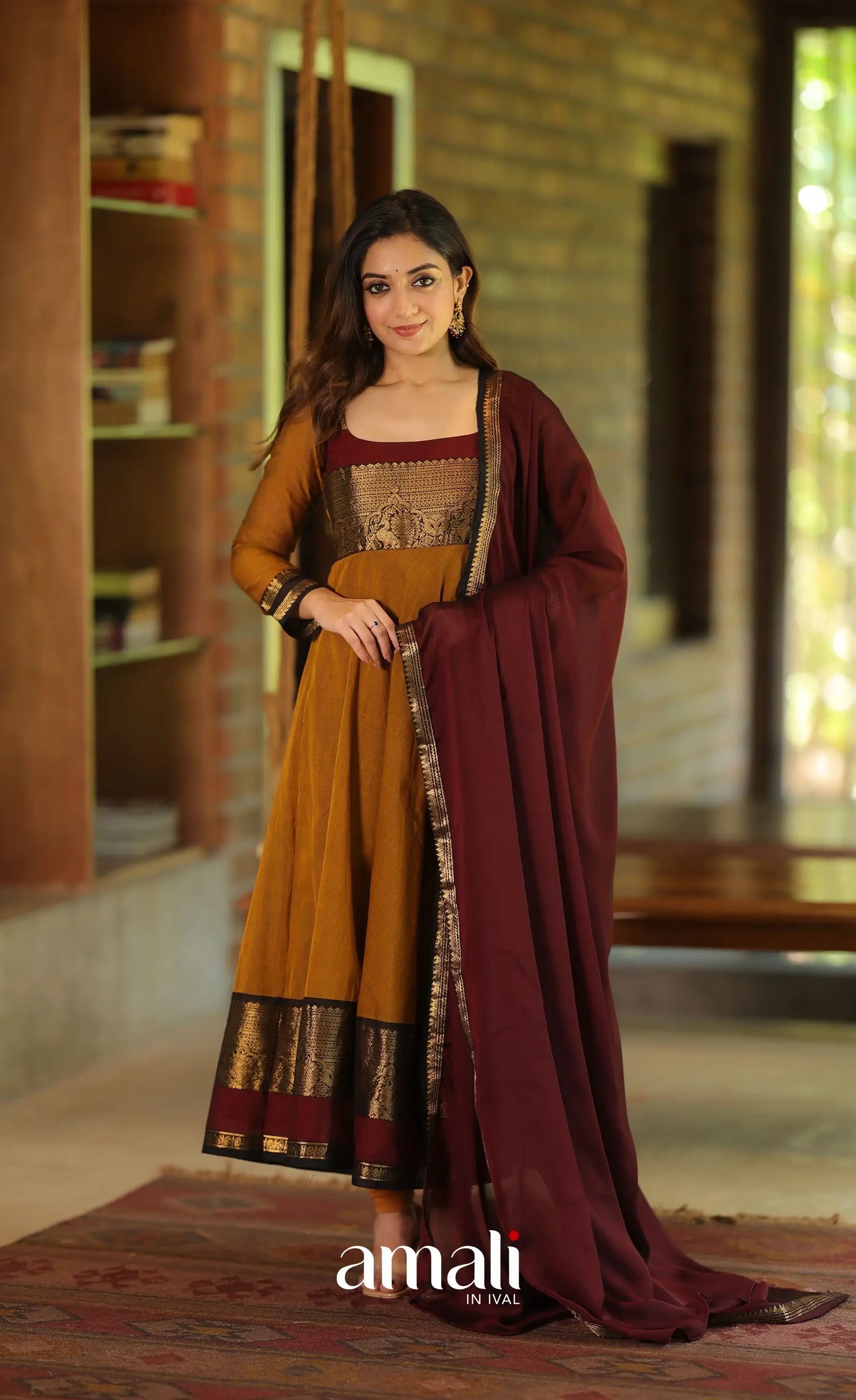Dark mustard and Maroon Chettinad Cotton Anarkali - Anarkalis