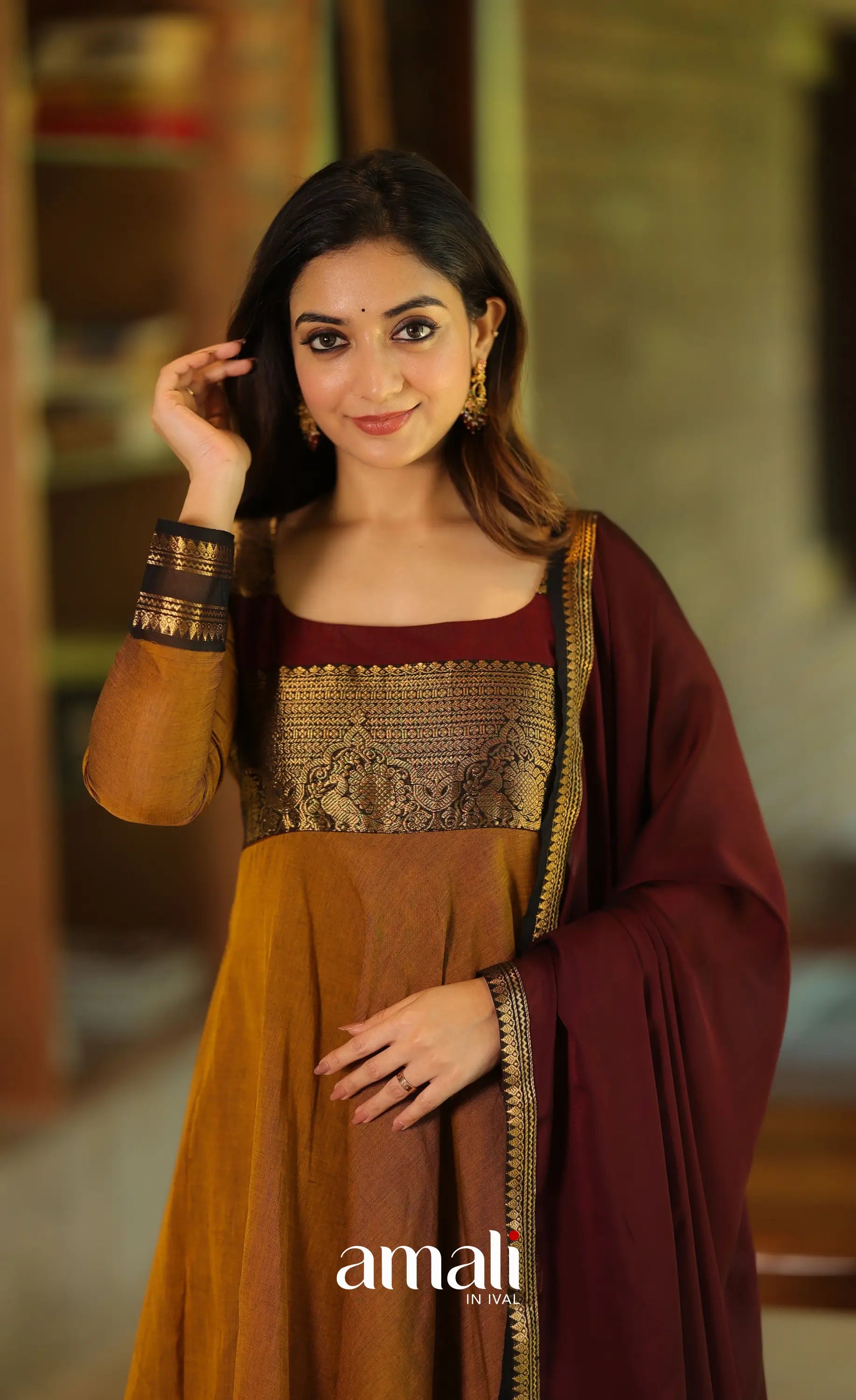 Dark mustard and Maroon Chettinad Cotton Anarkali - Anarkalis