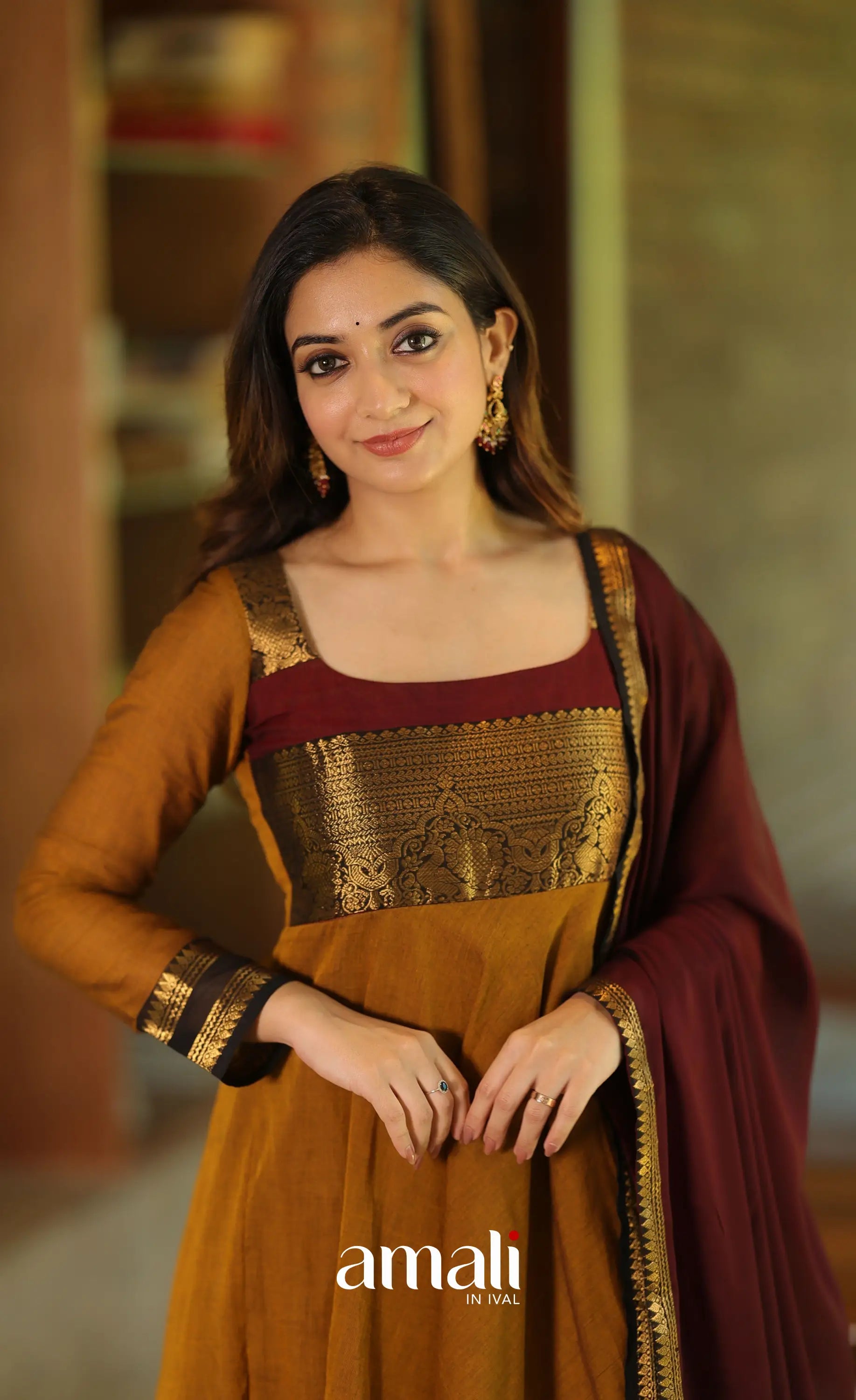 Dark mustard and Maroon Chettinad Cotton Anarkali - Anarkalis