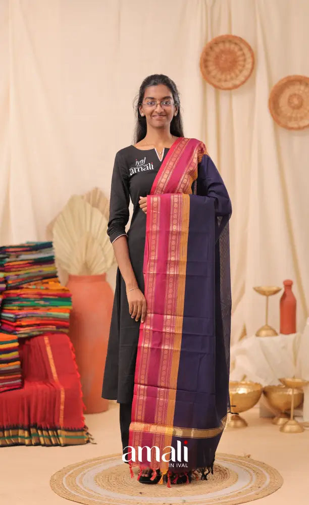 Dark Navy With Magenta Chettinad Cotton Dupatta salwar