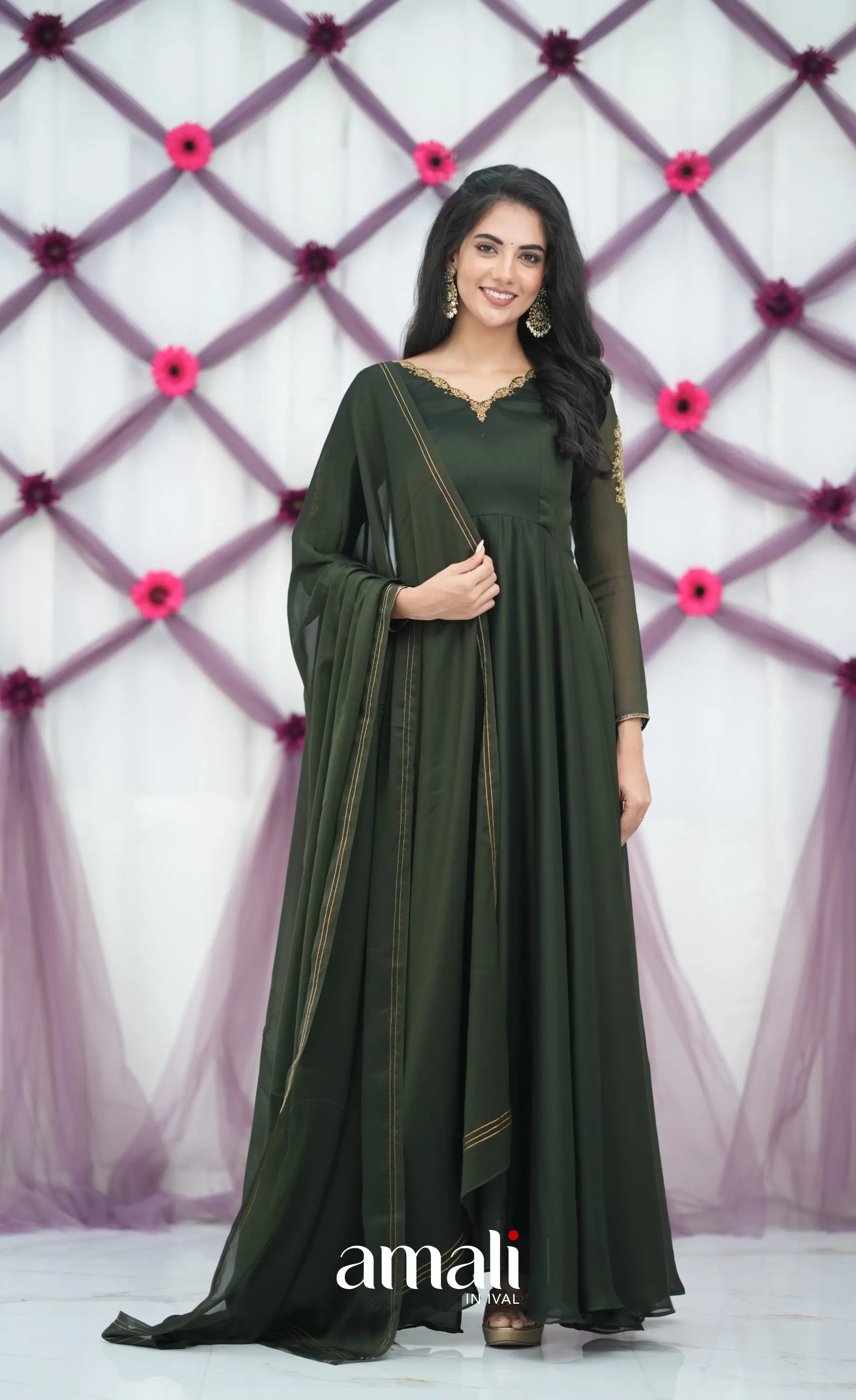 Dark Olive Green Aari Handworked Anarkali Anarkalis