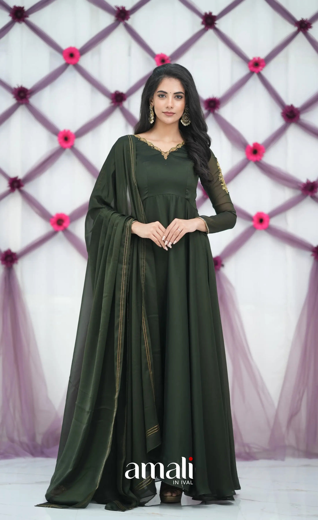 Dark Olive Green Aari Handworked Anarkali Anarkalis