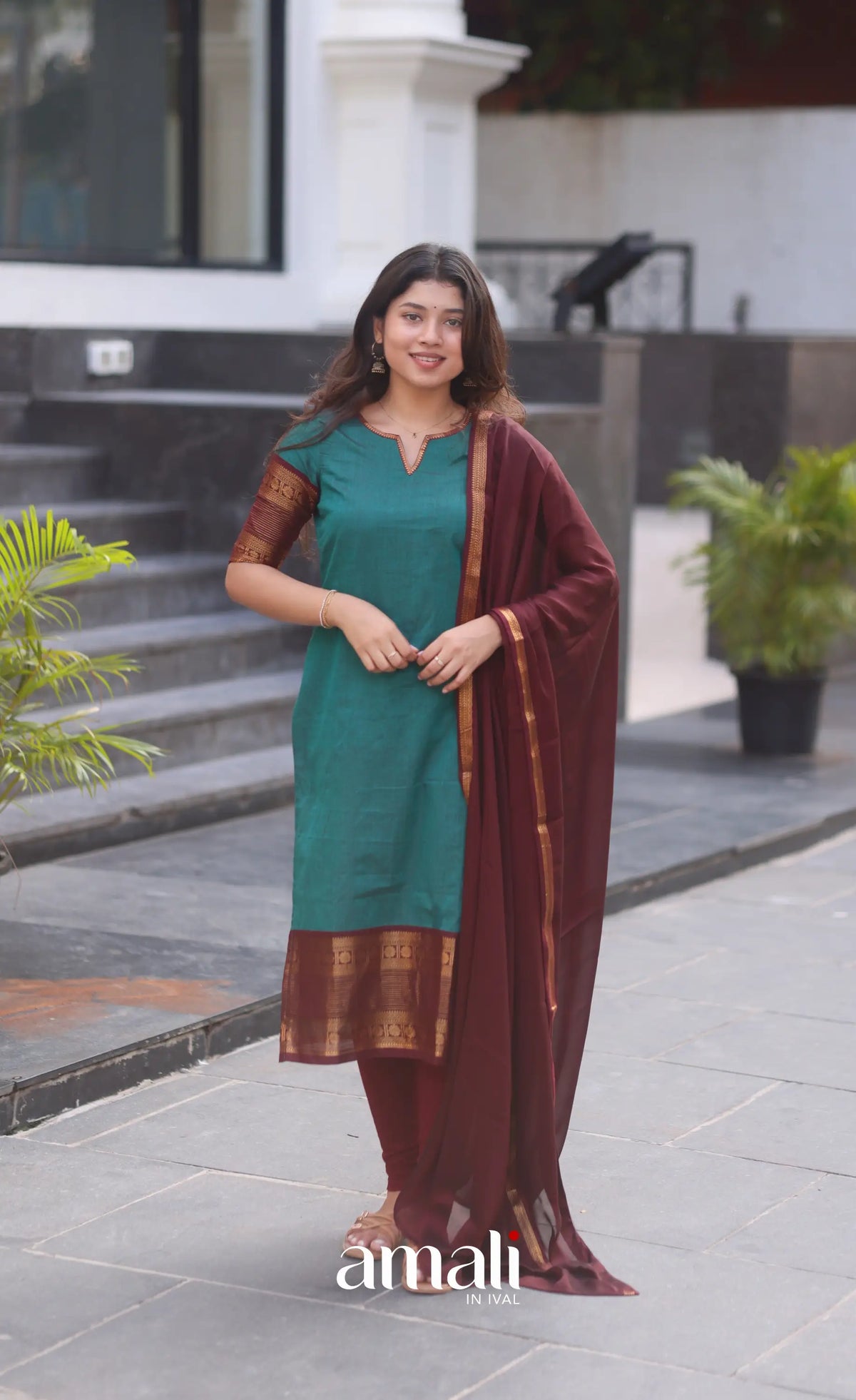 Dark Teal Blue and Maroonish Brown Chettinad Cotton Salwar Set - salwar