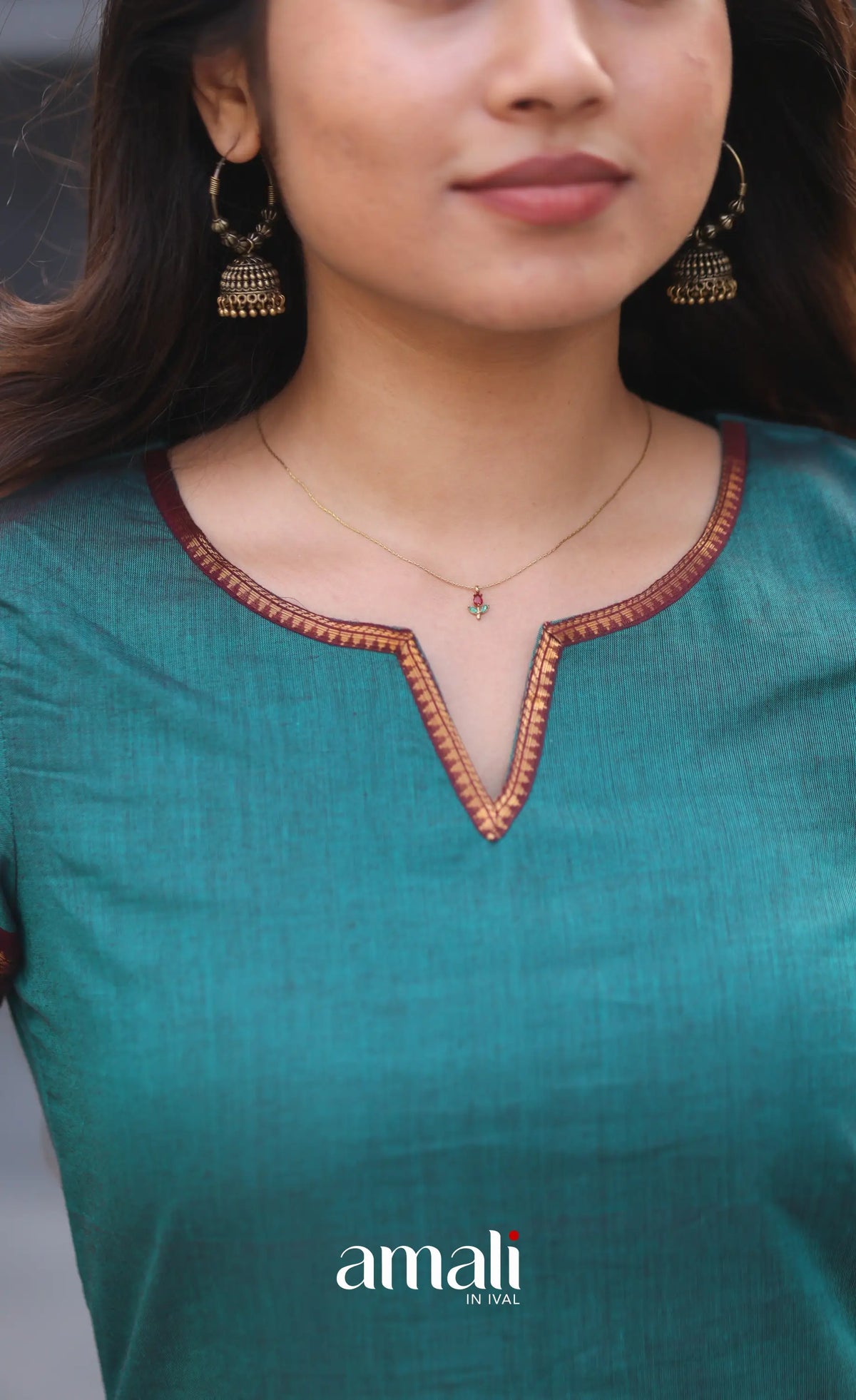 Dark Teal Blue and Maroonish Brown Chettinad Cotton Salwar Set - salwar
