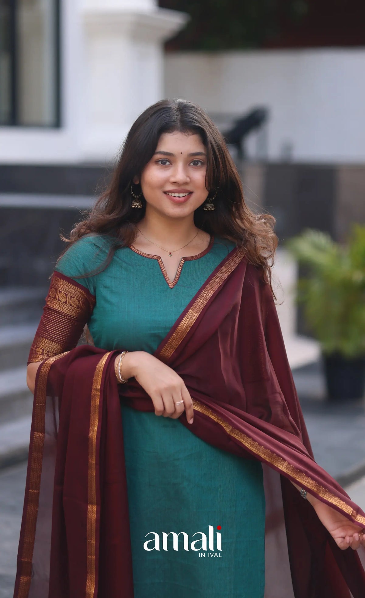 Dark Teal Blue and Maroonish Brown Chettinad Cotton Salwar Set - salwar