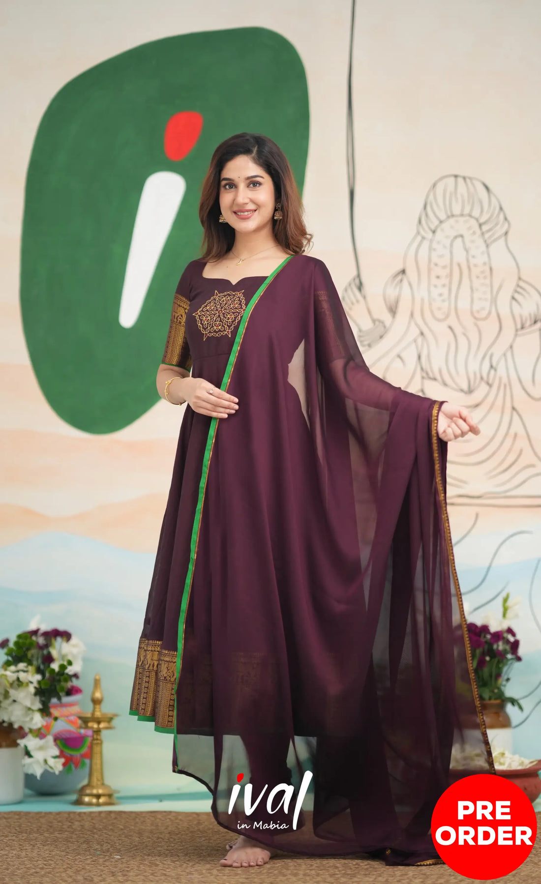 Dark Wine and Green Cotton Anarkali - PRE ORDER Anarkalis
