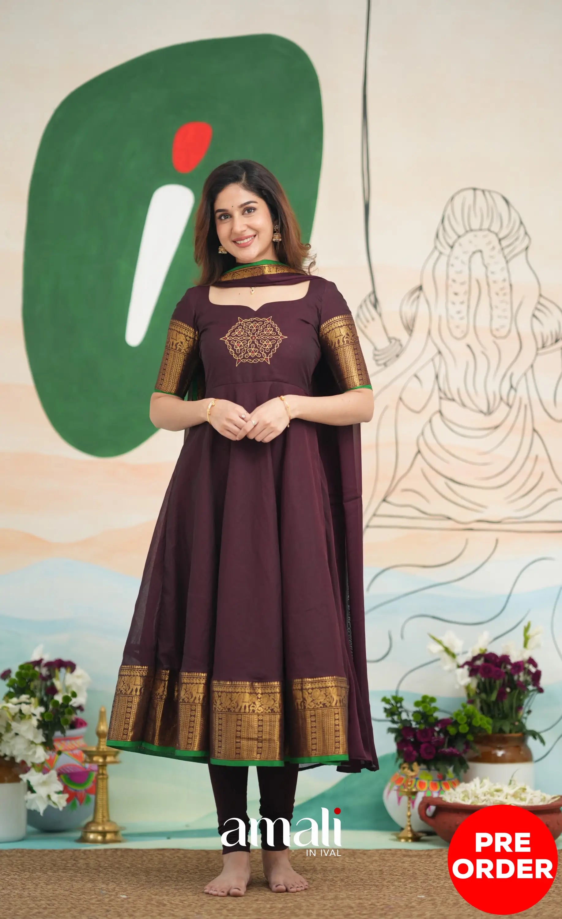 Dark Plum and Green Cotton Anarkali Anarkalis