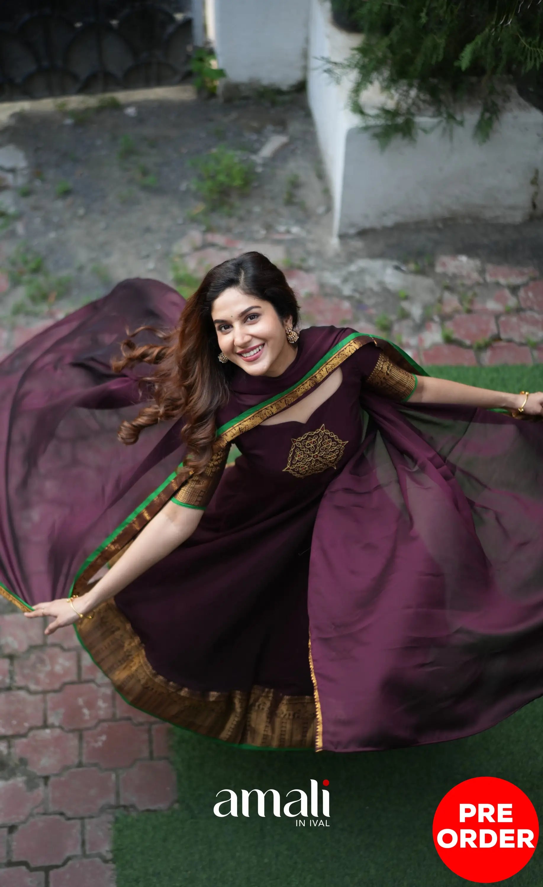 Dark Plum and Green Cotton Anarkali Anarkalis