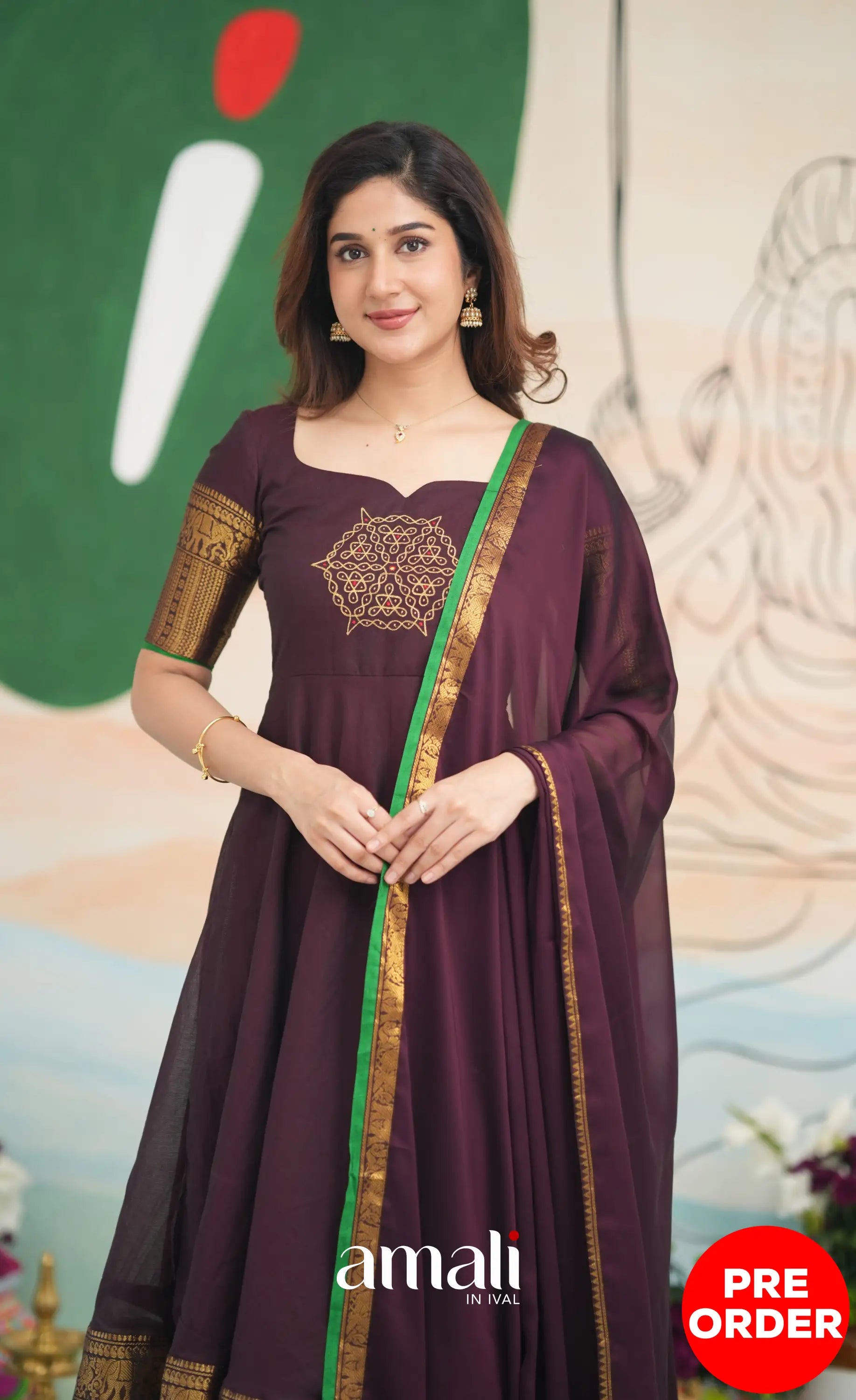 Dark Plum and Green Cotton Anarkali Anarkalis