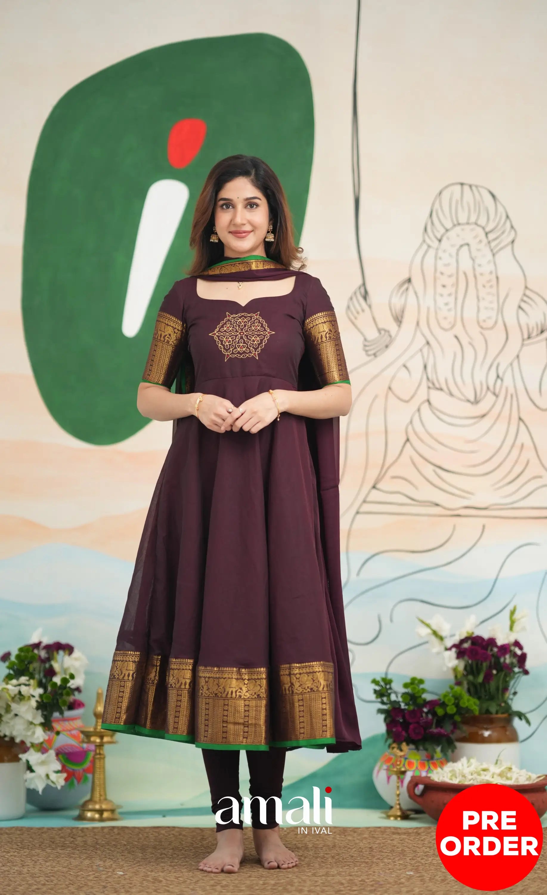 Dark Plum and Green Cotton Anarkali Anarkalis