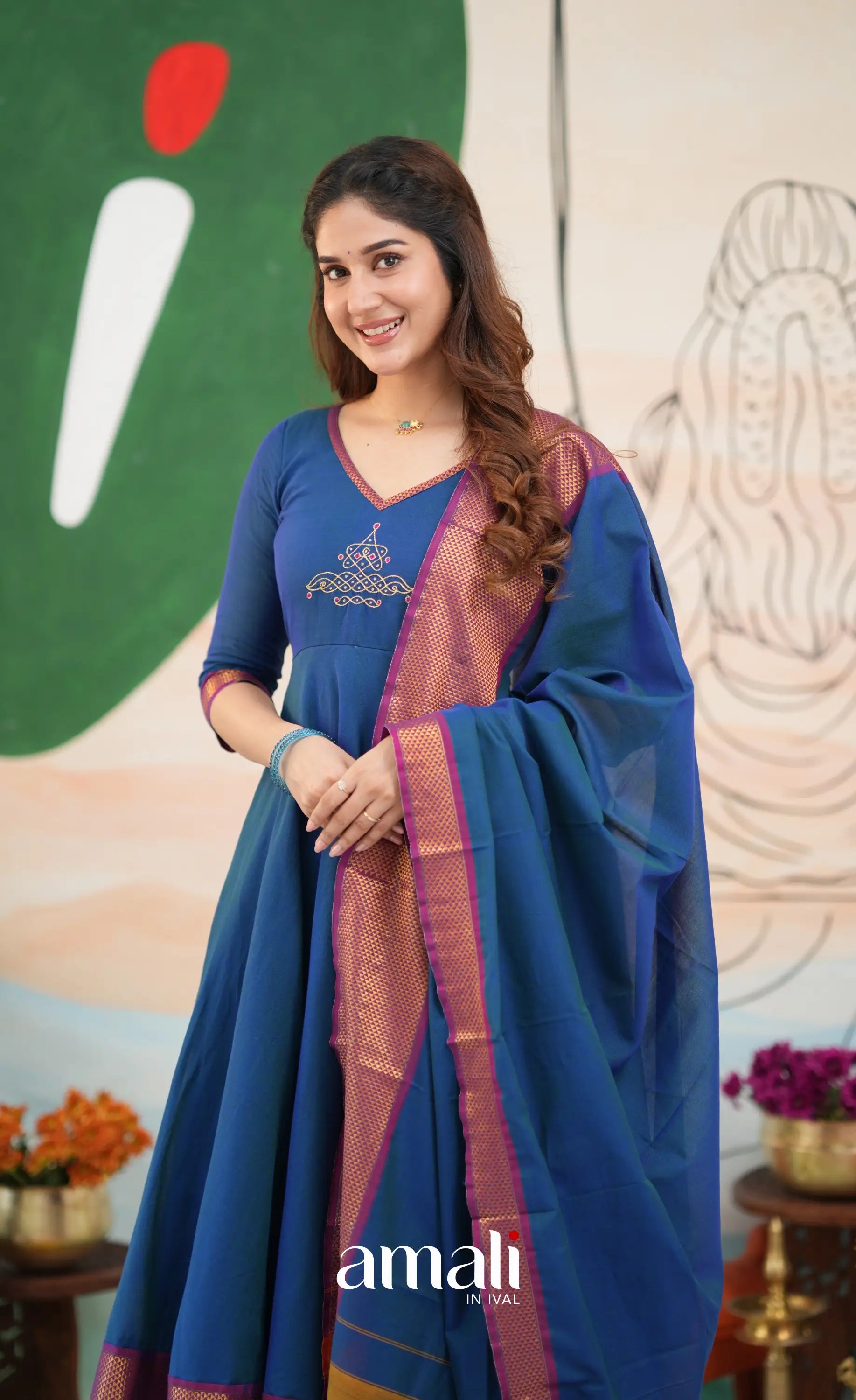 Deep blue and Magenta Narayanpet Cotton Anarkali - Anarkalis