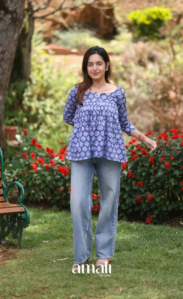 Deep Blue Jaipur Hand Block-Printed Short Top - salwar