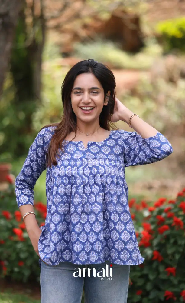 Deep Blue Jaipur Hand Block-Printed Short Top - salwar