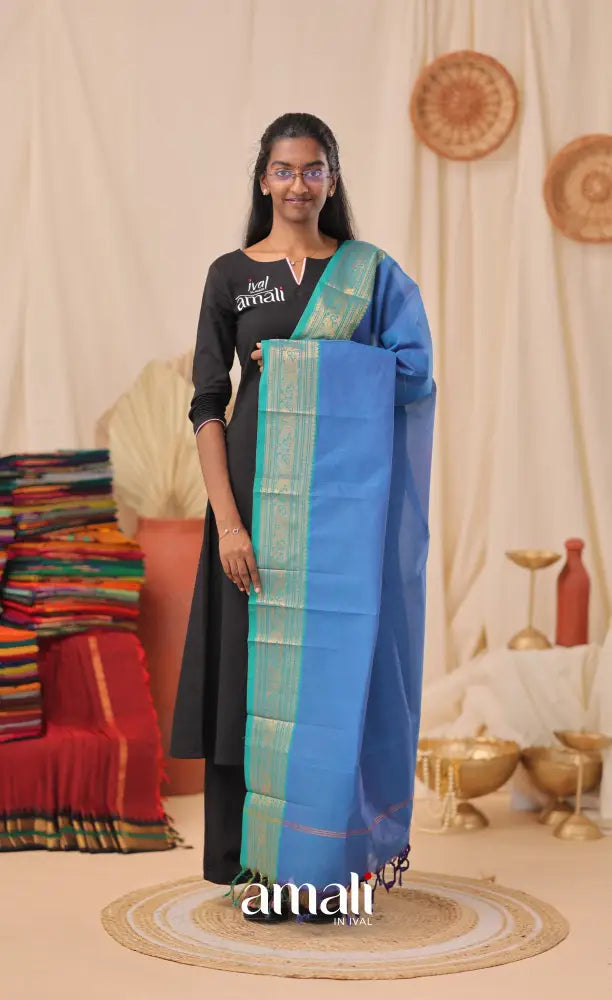 Deep Blue With Teal Blue Chettinad Cotton Dupatta salwar