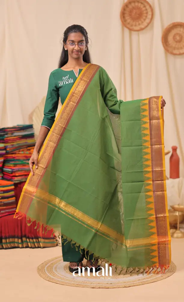 Deep Green With Mustard Yellow Chettinad Cotton Dupatta salwar