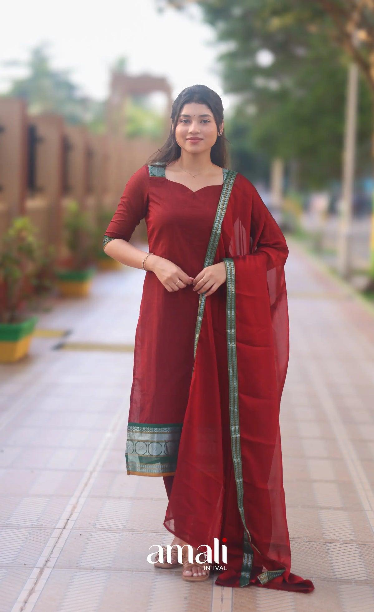 Deep Red and Bottle Green Chettinad Cotton Salwar Set - salwar