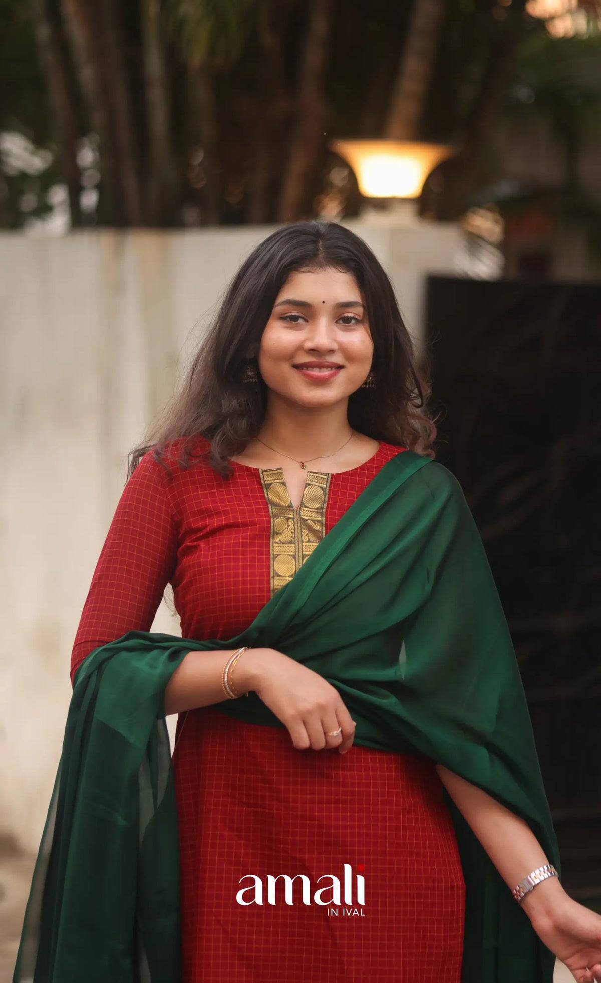 Deep Red and Manthalir Green Chettinad Cotton Salwar Set - salwar