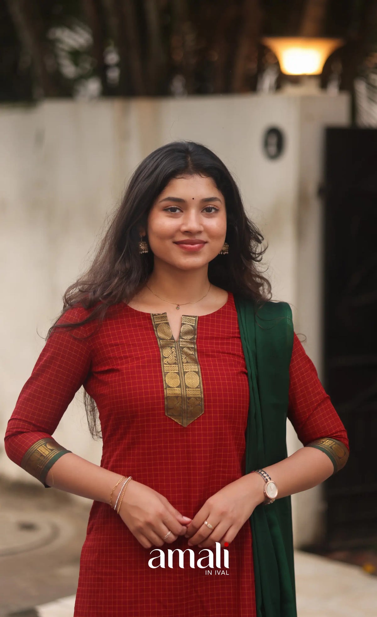 Deep Red and Manthalir Green Chettinad Cotton Salwar Set - salwar