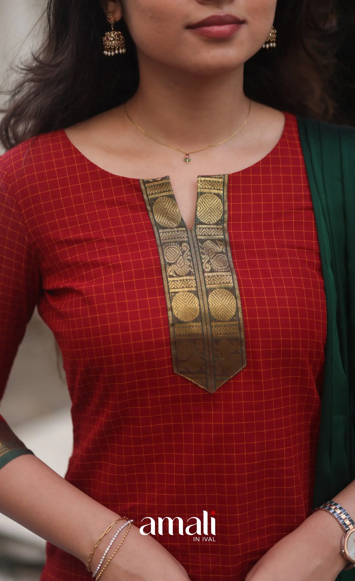 Deep Red and Manthalir Green Sleeveless Chettinad Cotton Salwar Set - salwar