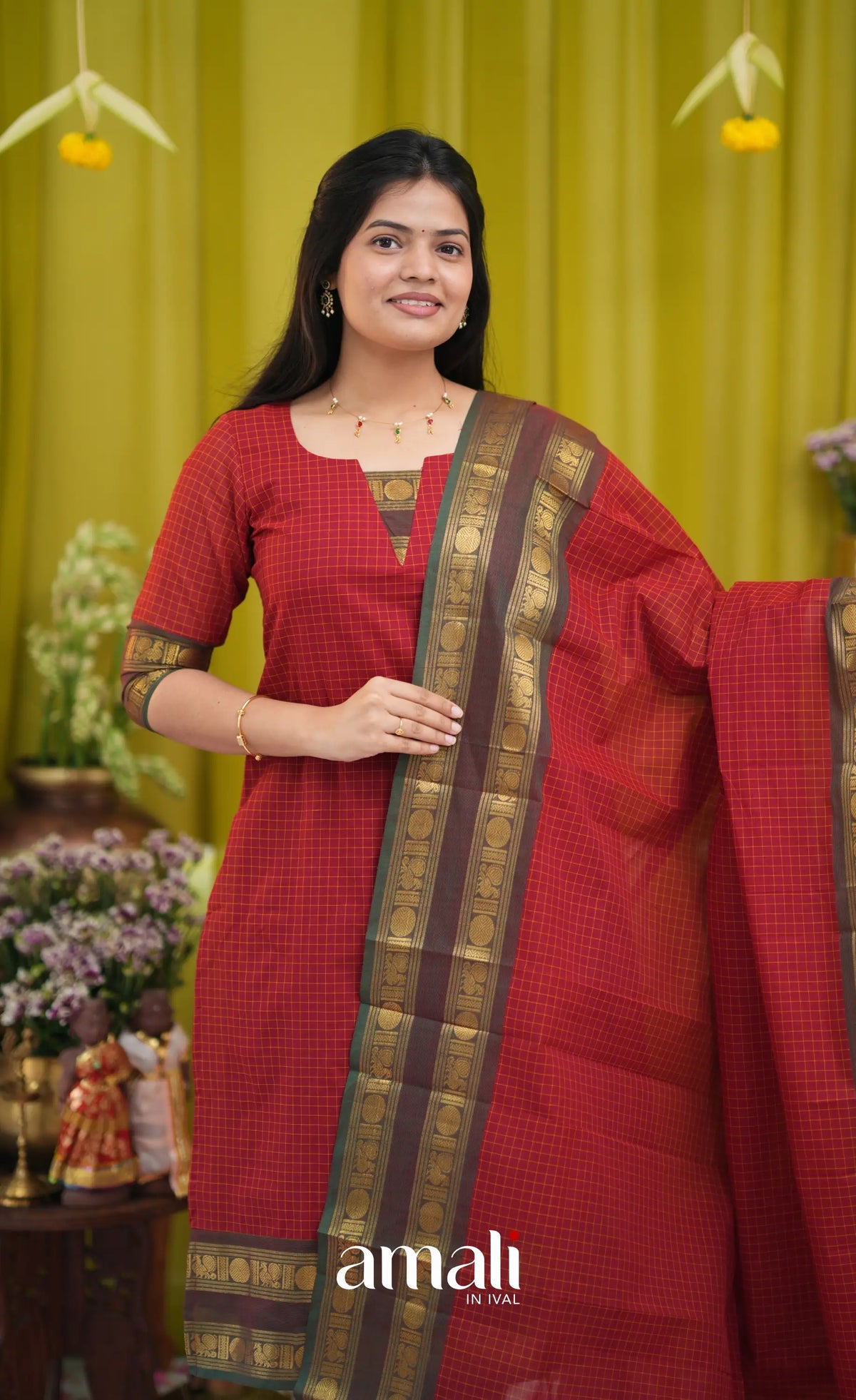 Deep red Chettinad Cotton Salwar Set - salwar