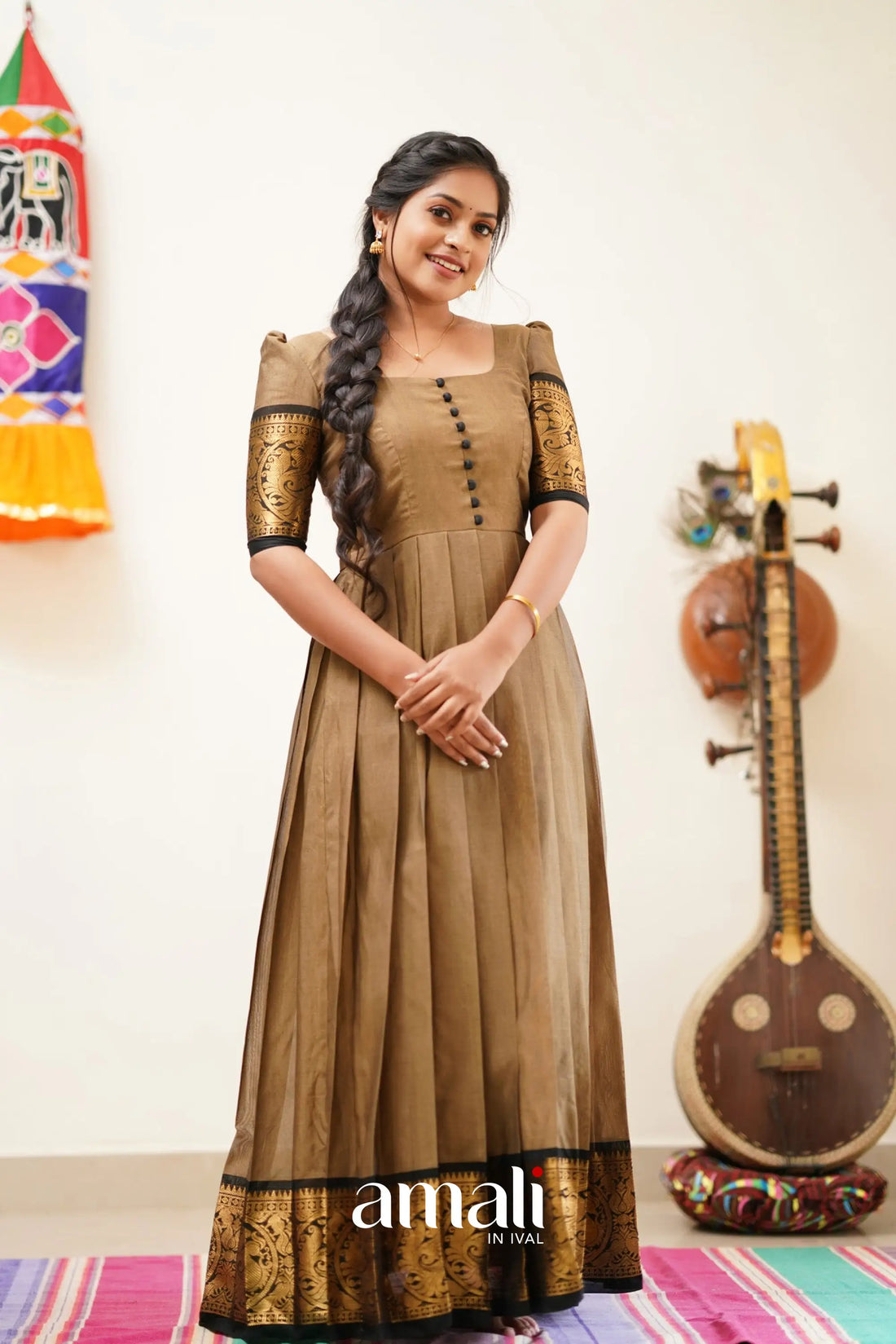 Dusty Brown With Black Cotton Long Gown Gown