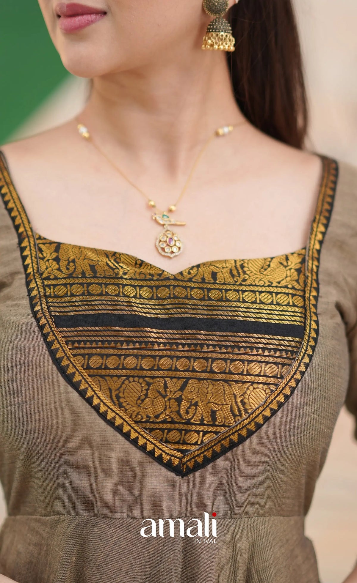 Elephant grey and Black Chettinad Cotton Anarkali - Anarkalis