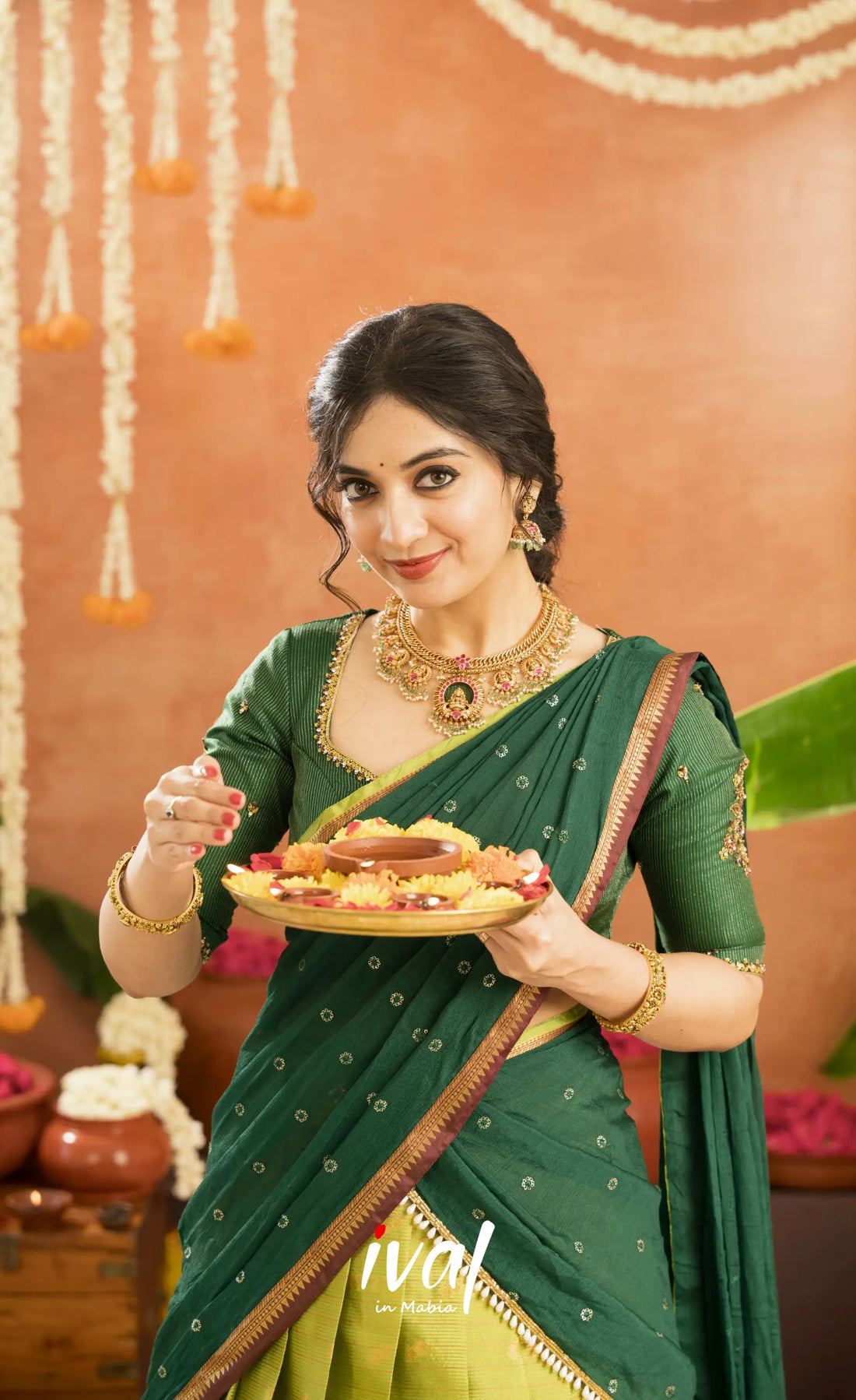 Emerald Organza Halfsaree - Light green and Bottle green - Half Sarees