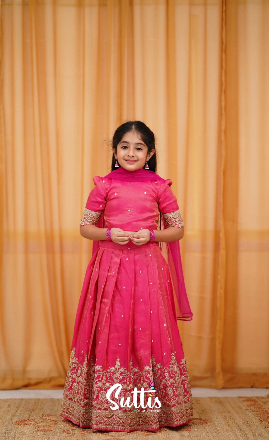 Gaji Silk Croptop & Skirt - Dark Pink Kids-Suttis