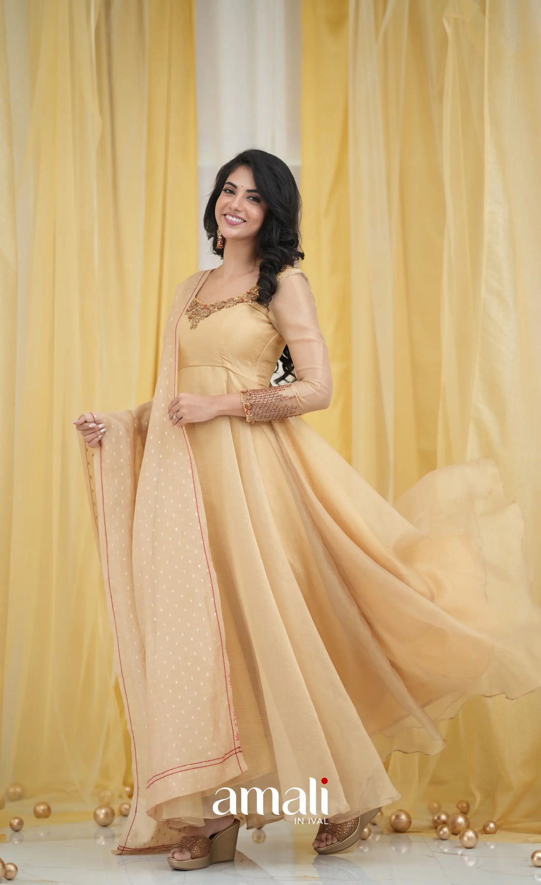 Gold Aari Handworked Anarkali Anarkalis