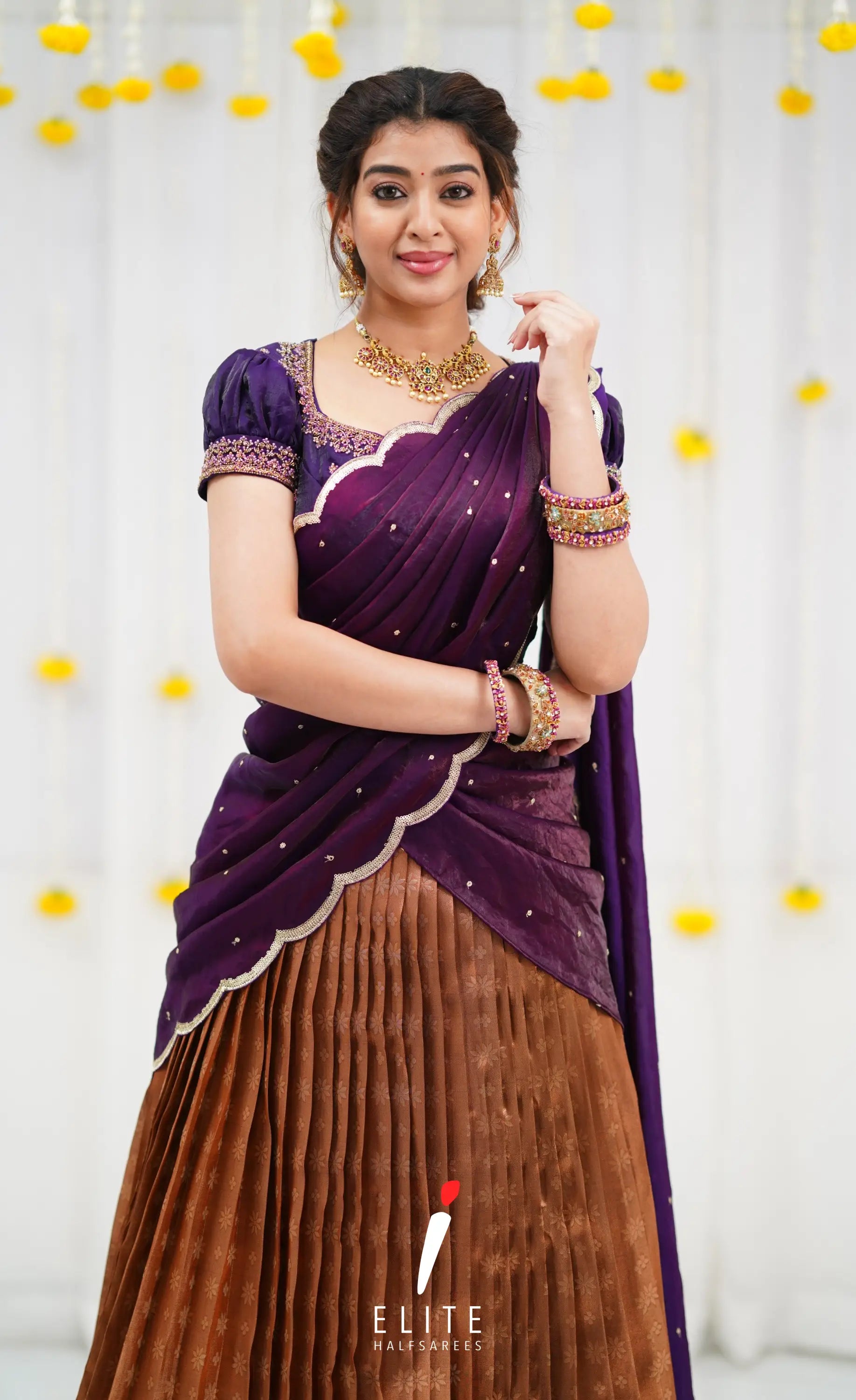 Gold and Dark Purple Blended Silk Designer Halfsaree