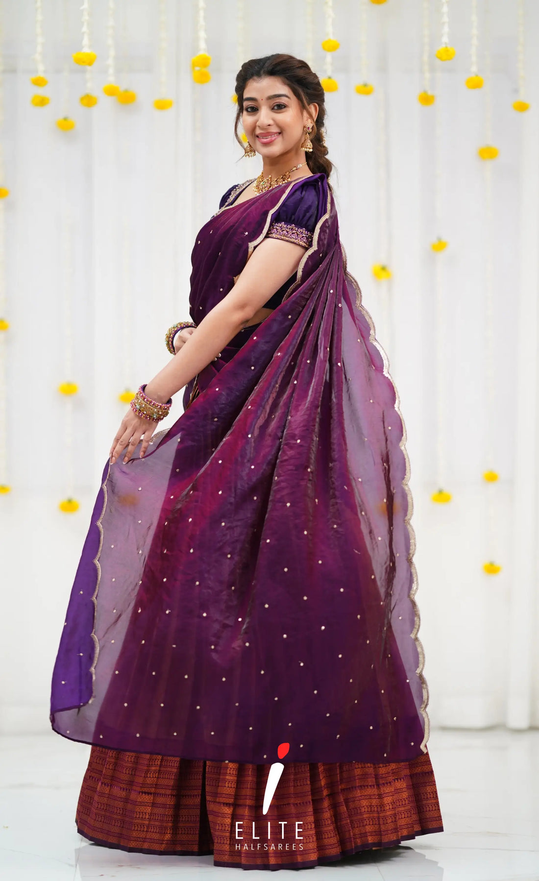 Gold and Dark Purple Blended Silk Designer Halfsaree