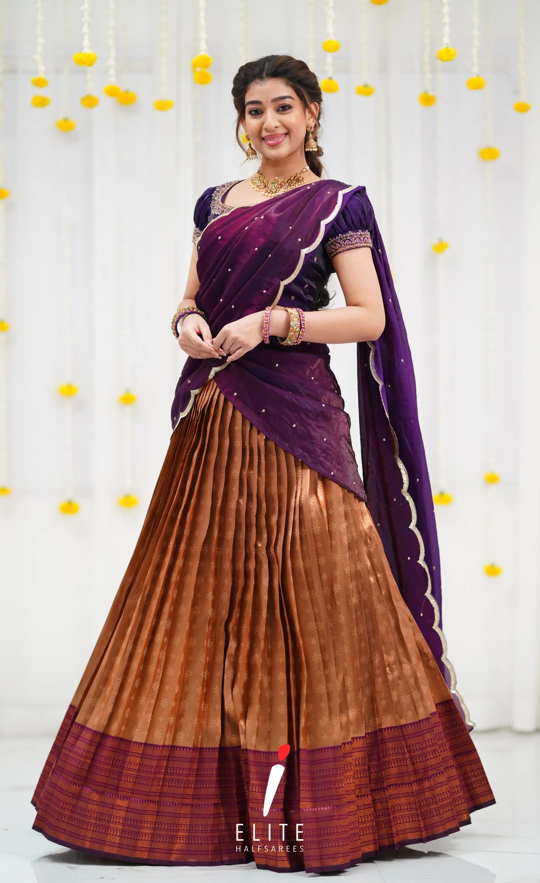 Gold and Dark Purple Blended Silk Designer Halfsaree