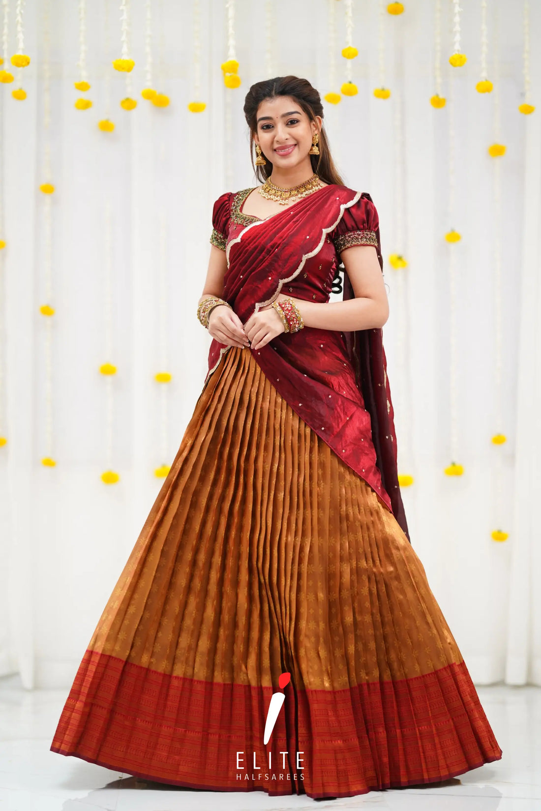 Gold and Reddish Maroon Blended Silk Designer Halfsaree