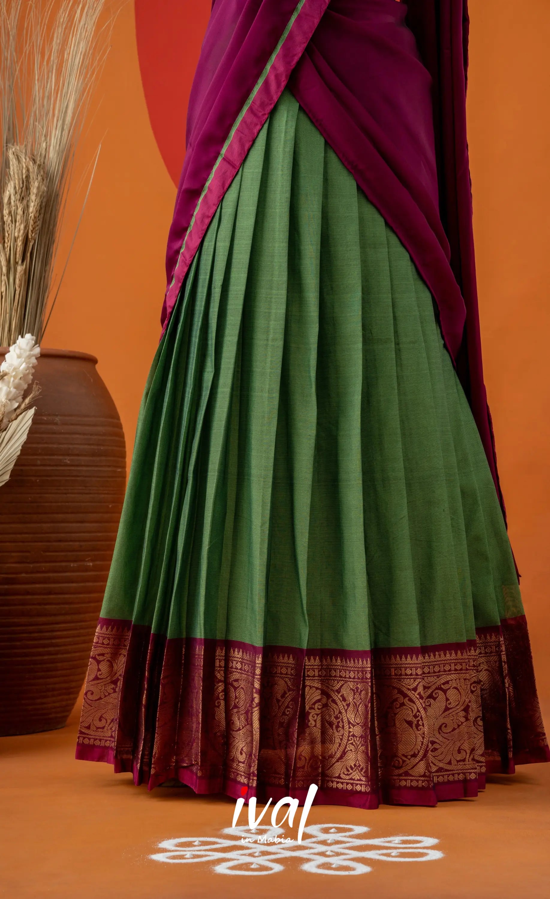 Green with Magenta Pink Semi-Stitched Cotton Halfsaree Half Sarees