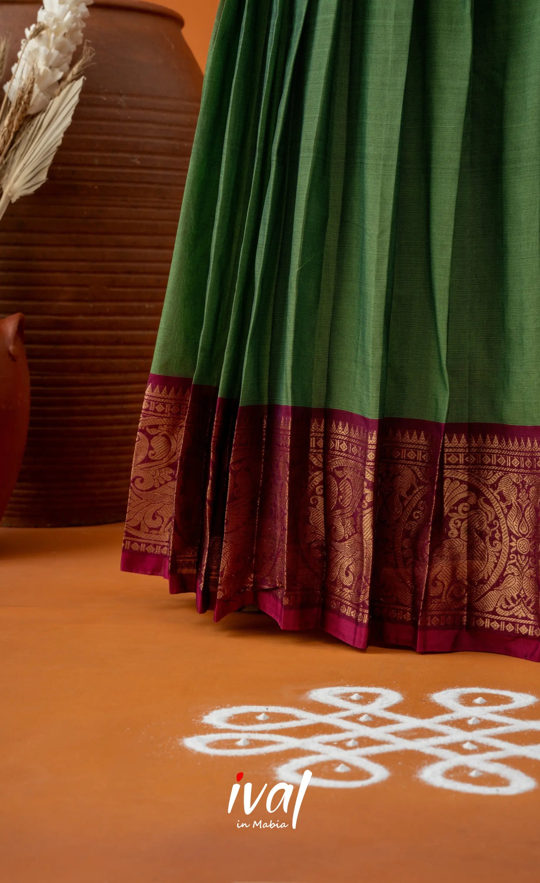 Green with Magenta Pink Semi-Stitched Cotton Halfsaree Half Sarees