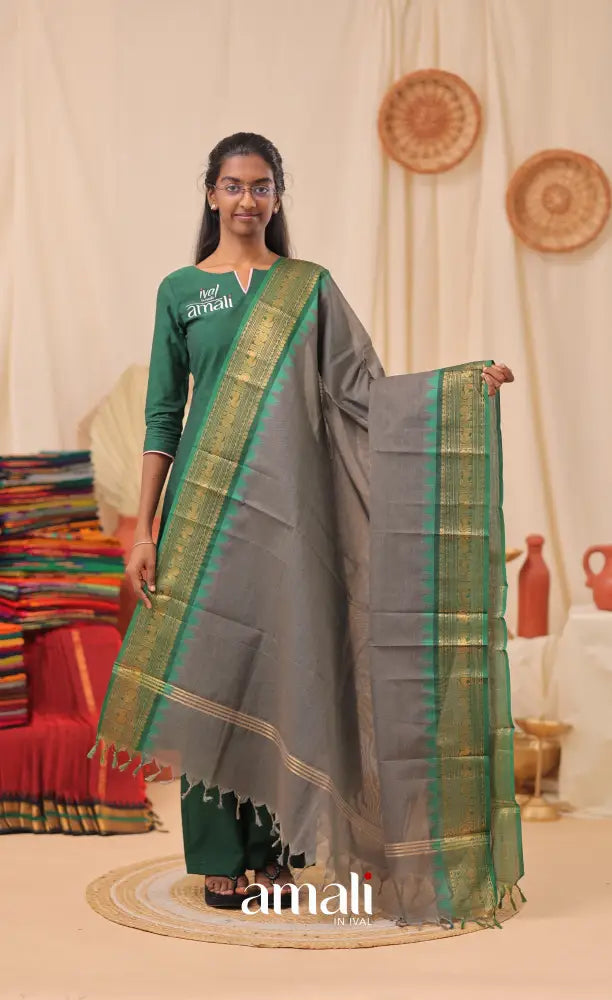 Grey With Deep Green Chettinad Cotton Dupatta salwar