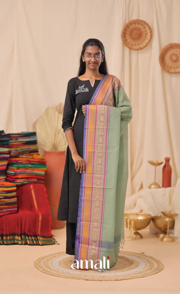 Greyish Sea-Green With Multicolours Chettinad Cotton Dupatta salwar