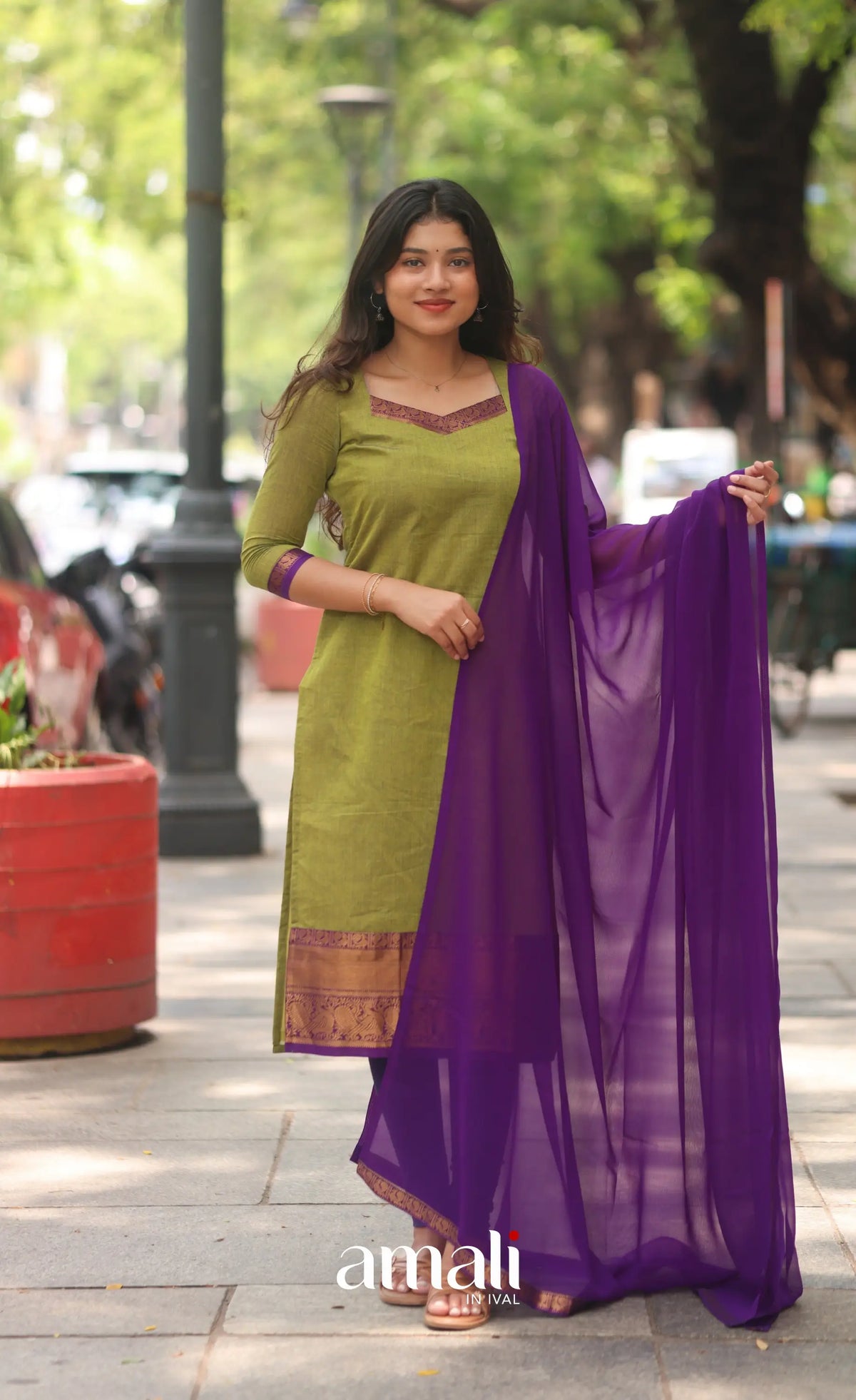 Henna Green and Purple Chettinad Cotton Salwar Set - salwar