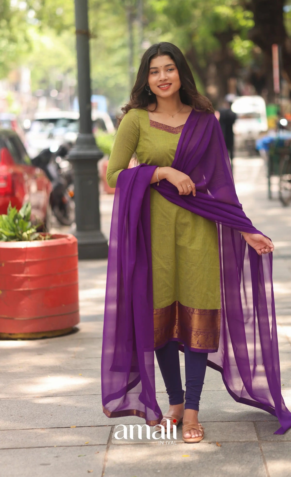 Henna Green and Purple Chettinad Cotton Salwar Set - salwar