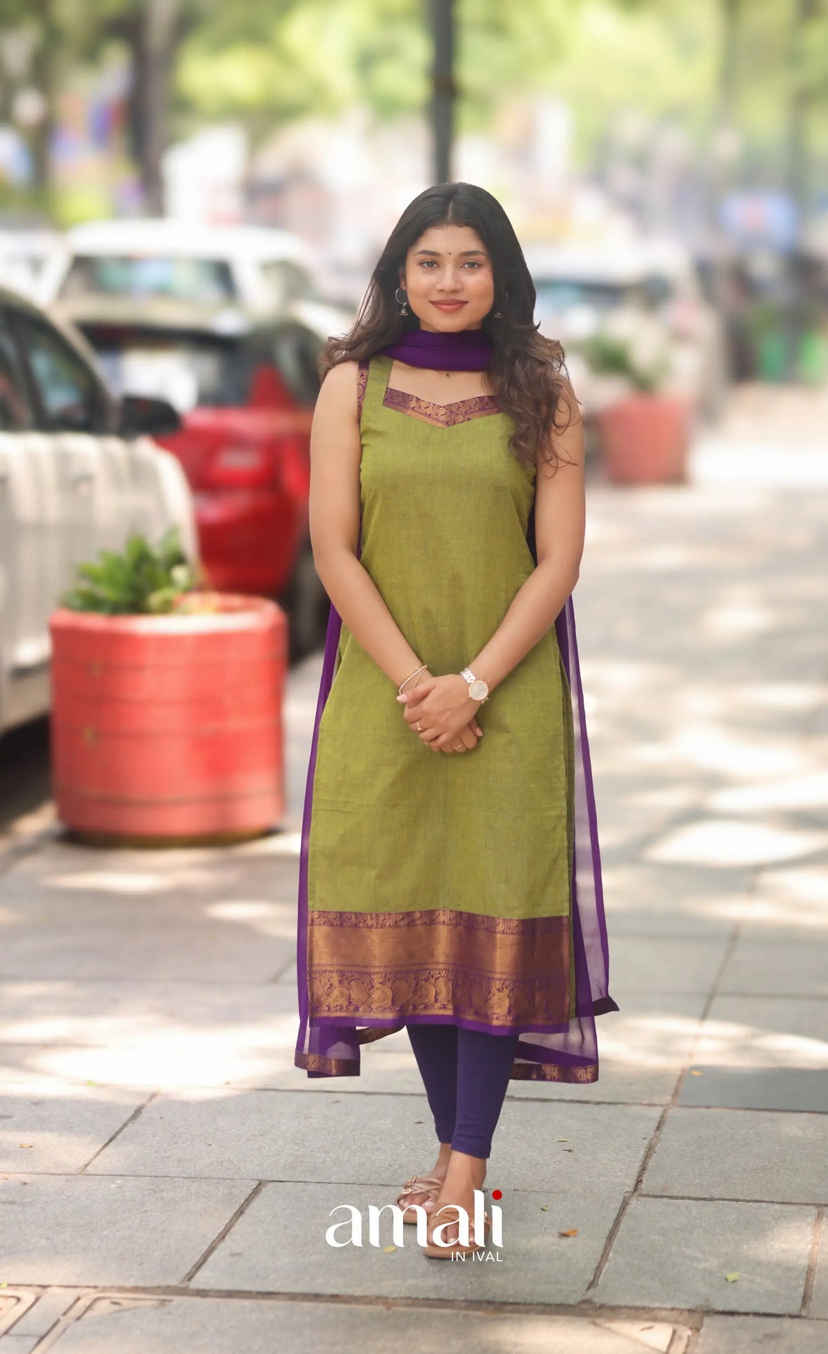 Henna Green and Purple Sleeveless Chettinad Cotton Salwar Set - salwar