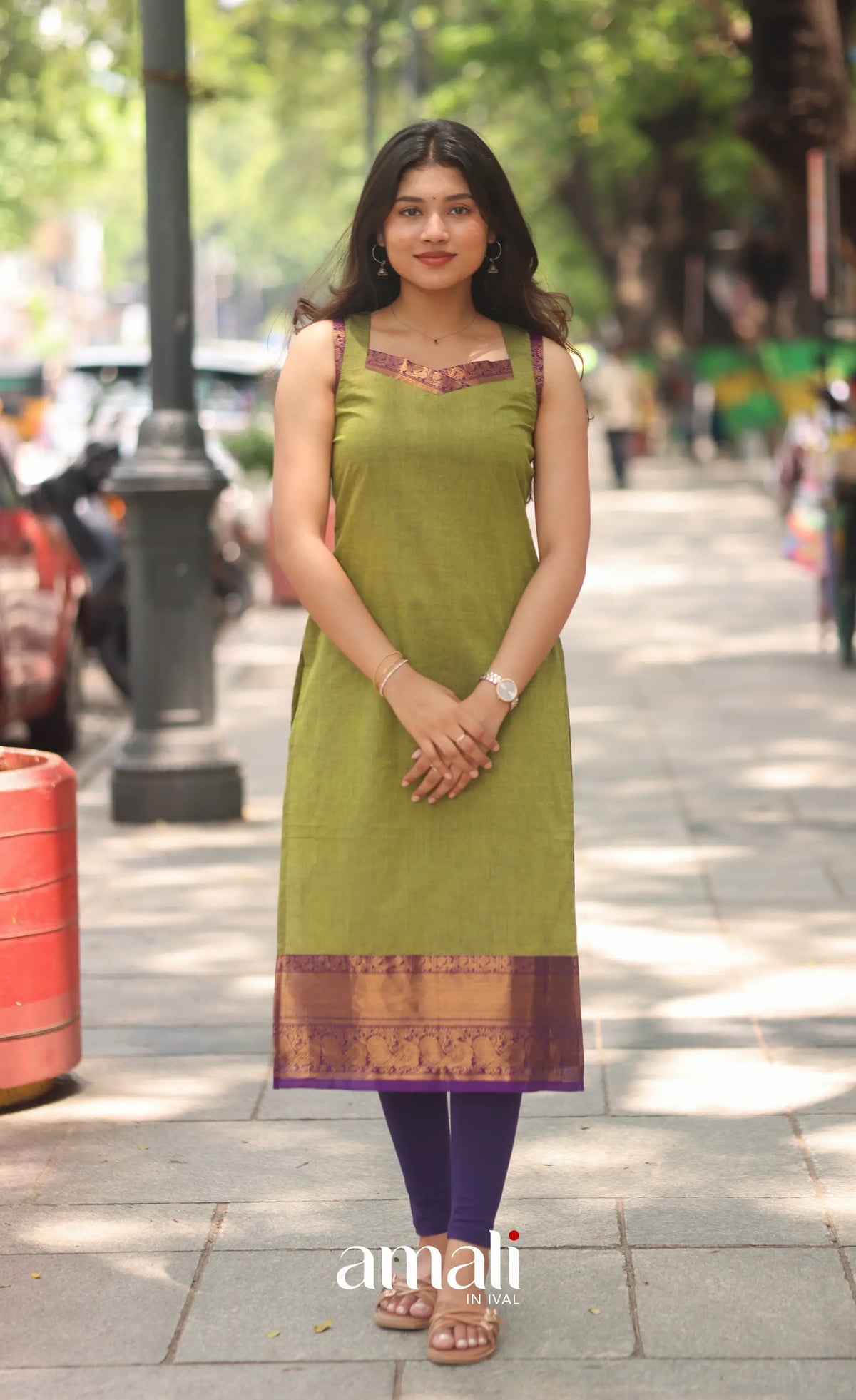 Henna Green and Purple Sleeveless Chettinad Cotton Salwar Set - salwar