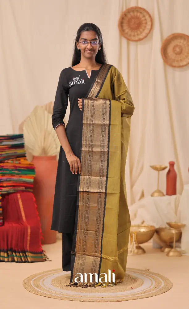 Henna Green With Black Chettinad Cotton Dupatta salwar