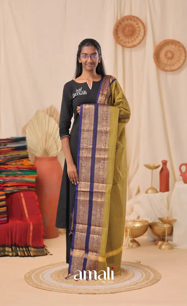 Henna Green With Dark Blue Chettinad Cotton Dupatta salwar